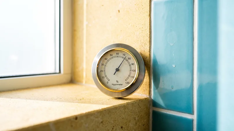 A small white hygrometer standing on a pale stone bathroom sill beside aqua glazed tile and a white grout line
