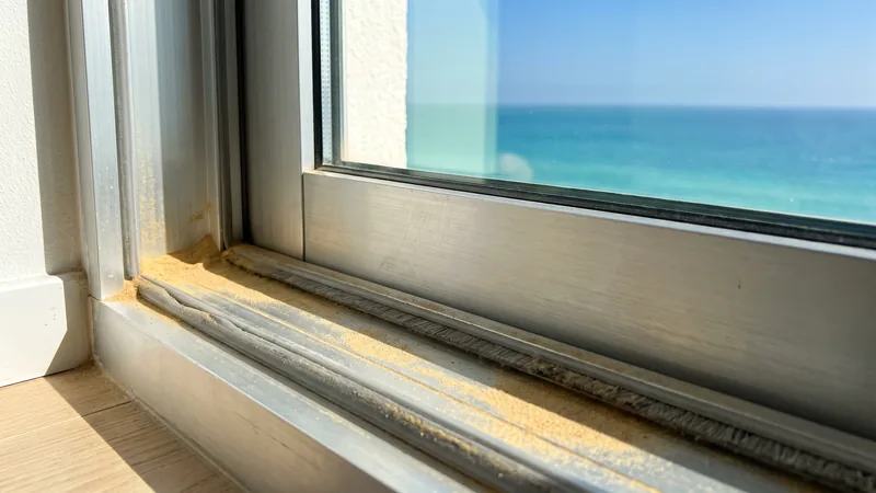 Close-up of dust packed into the aluminium track and rubber seal at the base of a sliding balcony door, with blue sky reflected in the glass above