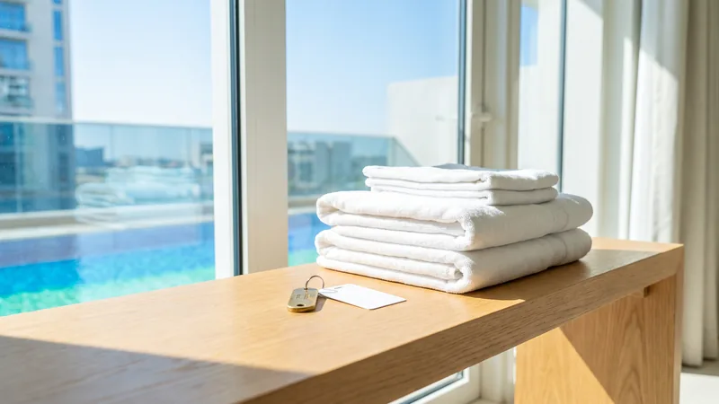 Folded white hotel-grade linen and towels on a pale oak console beside a key fob and key card, with a Dubai apartment balcony and pool water beyond the glass.