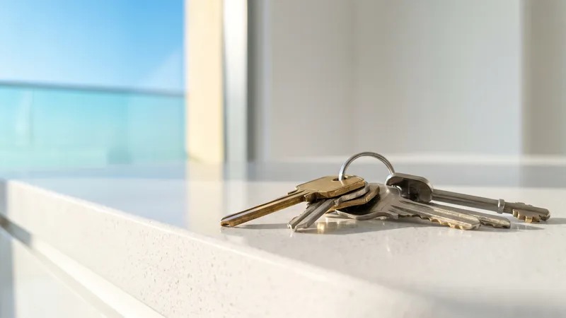 Apartment keys on a bare white worktop in an empty Dubai flat, low sunlight raking across the clean stone.