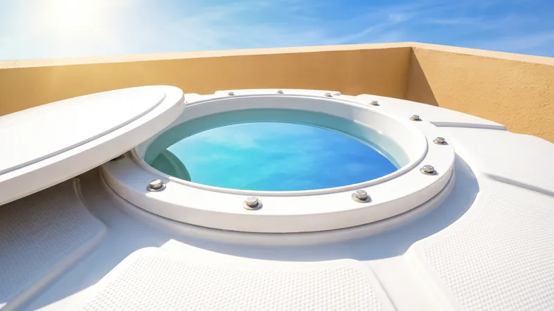 Open inspection hatch on a white sectional water tank on a Dubai villa roof, clean water inside, bright sun and blue sky