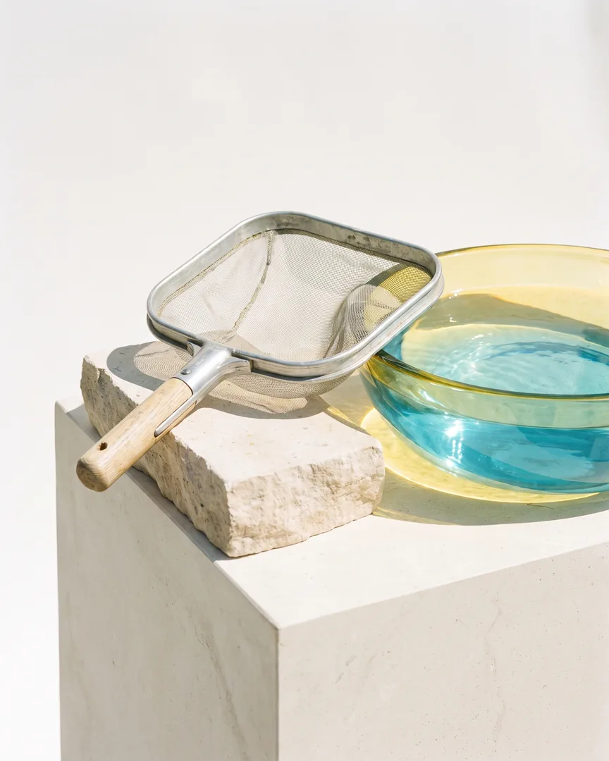 A metal pool skimmer net with a pale wooden handle resting on a block of limestone, beside a shallow amber glass dish of turquoise water