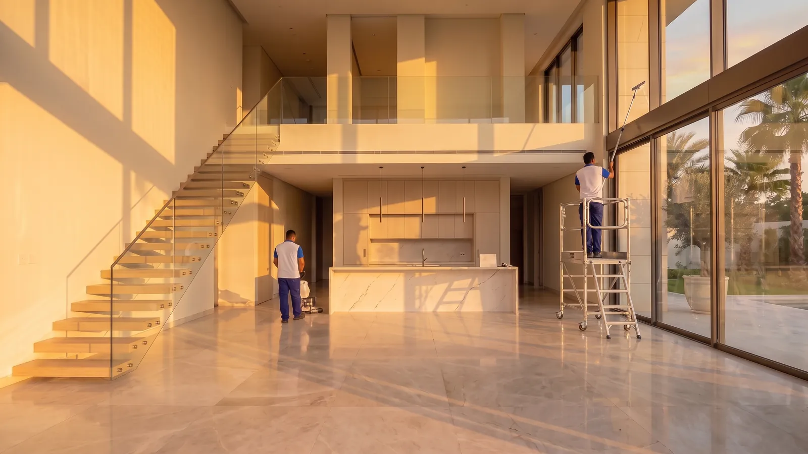 داخل غرفة المعيشة الخالية بارتفاع طابقين، ماكينة تلمّع الرخام وفنّي ينظّف الزجاج المرتفع