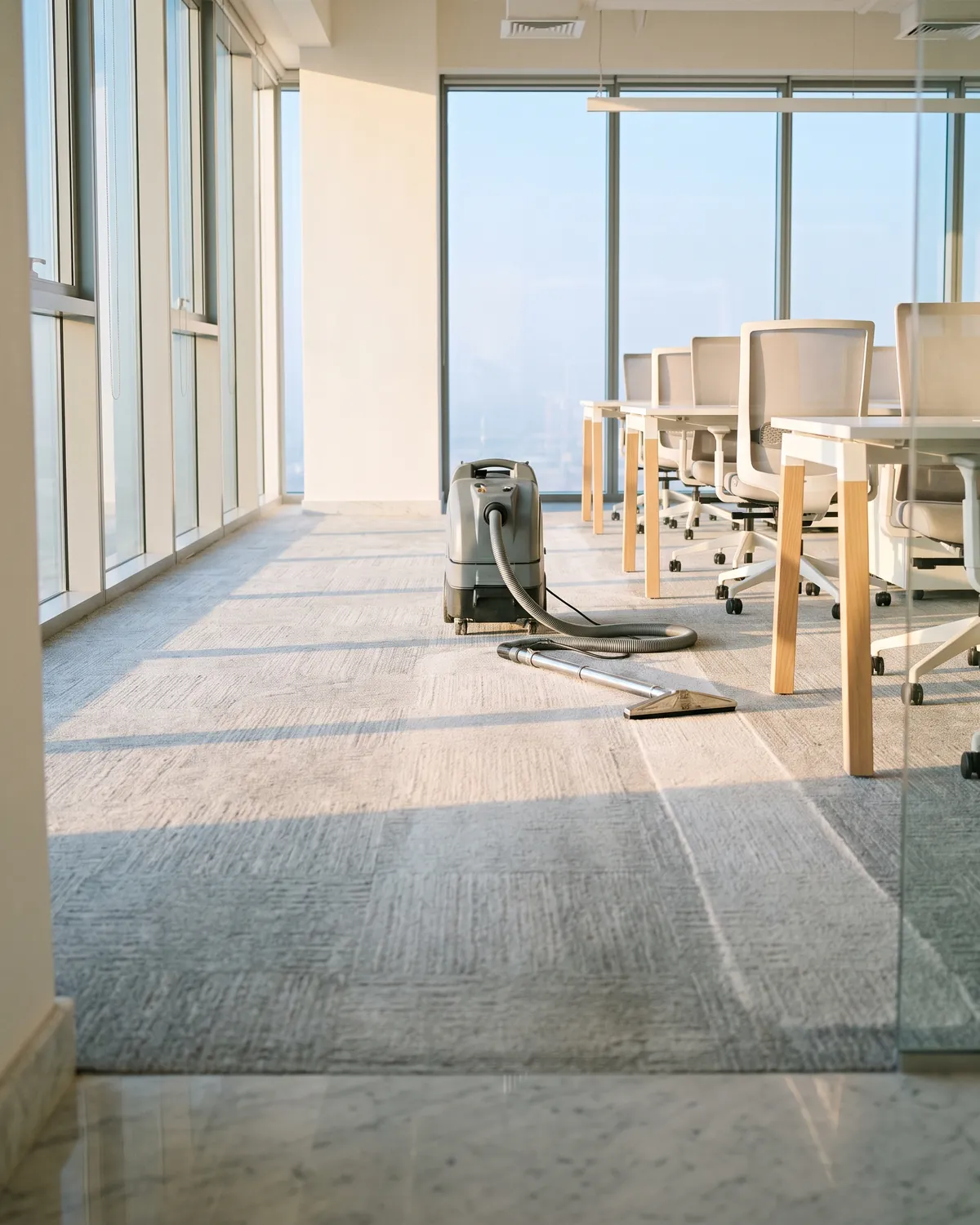 An empty open-plan office in morning light, a carpet extraction machine and its wand at the end of a freshly cleaned lane of carpet