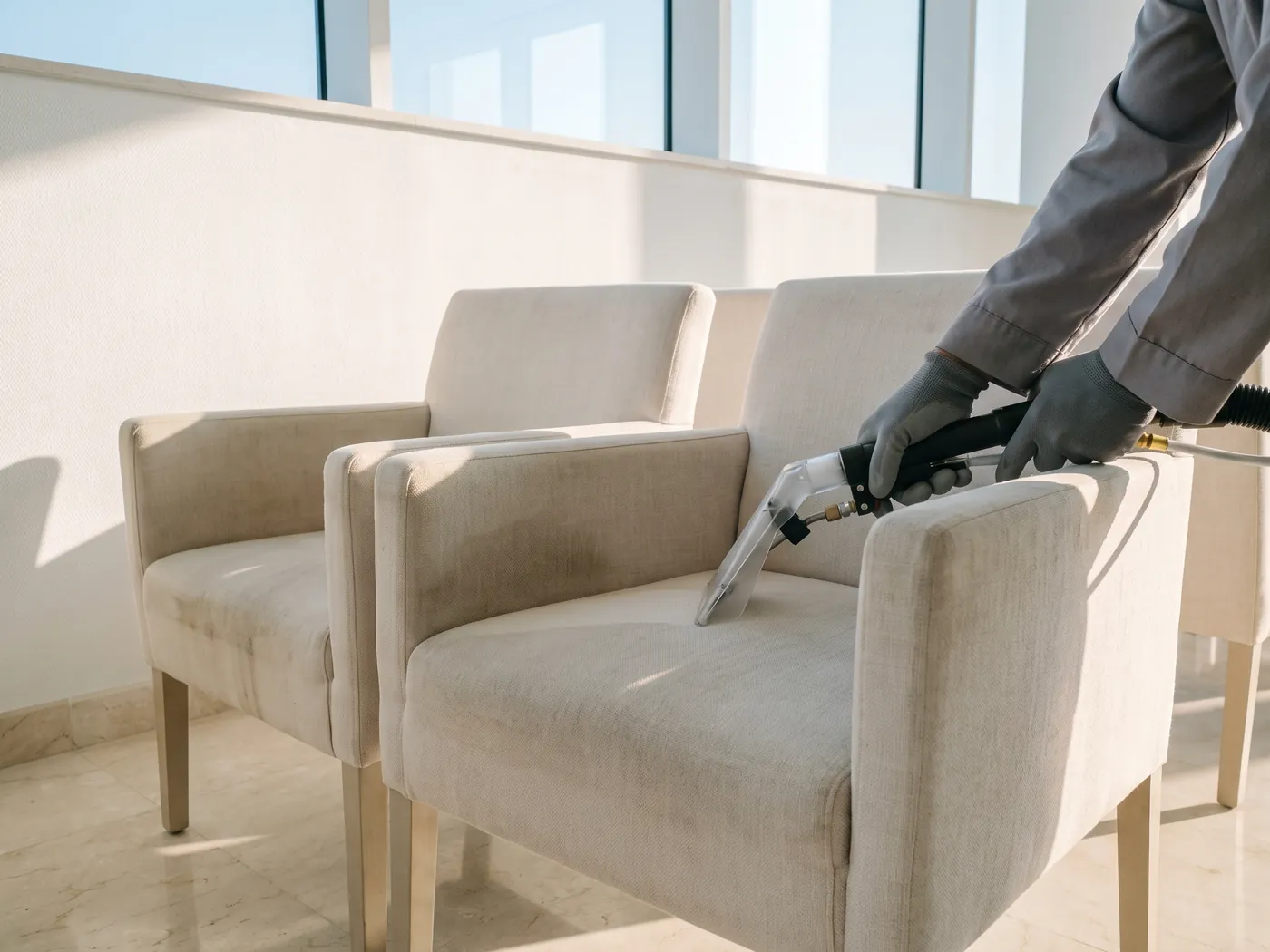 Gloved hands guiding an upholstery extraction tool across the seat of a pale linen armchair, the cleaned stroke brighter than the fabric ahead